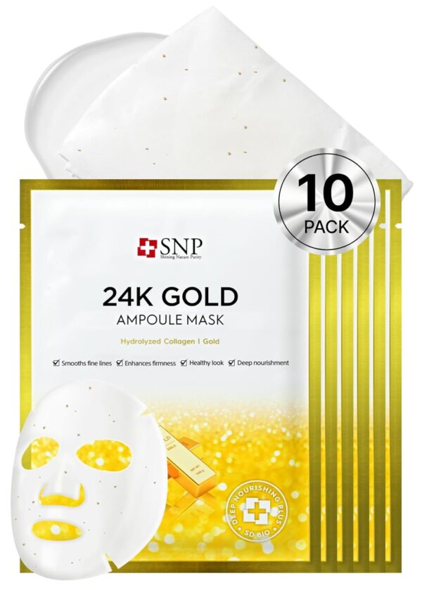 [K Beauty Snp] 24K Gold Ampoule Sheet Mask | Collagen Face Masks Skincare | For Tightening, Hydrating, and Nourishing | Korean Skin Care | Overnight Face Masks | Moisturizing Sheet Mask | 10 Sheets