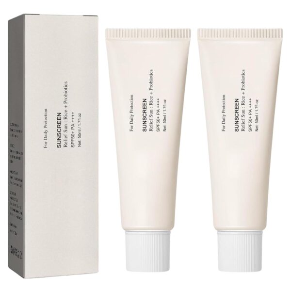 2 PCS Korean Sunscreen Cream, Relief Sun Organic Sunscreen SPF50+, Korean Cream Rice and Probiotics, Korean Sunscreen SPF50+ PA++++ for Outdoor UV Defens (2)