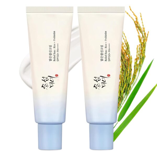 2PCS Relief Sun Organic Sunscreen SPF50+,Rice Sun Screen Serum,Rice Probiotics Nourishing Sunblock,Moisturizing Korean Sunscreen Skin Care Cream for All Skin Types