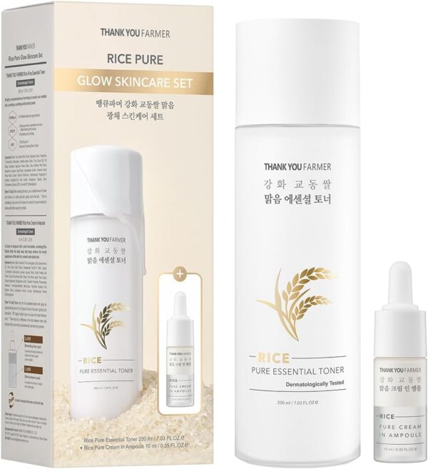 THANKYOU FARMER Rice Pure Skincare Set, Full Size Toner(7.03 fl oz) + Mini Size Ampoule(0.35 fl oz) Korean Skincare Set, Glass Skin Korean Skincare