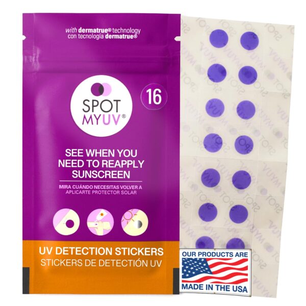 SPOTMYUV UV Detection Stickers for Sunscreen with Patented DERMATRUE SPF Sensing Technology | KNOW WHEN TO REAPPLY SUNSCREEN TO HELP PREVENT SUNBURN - 16 Count
